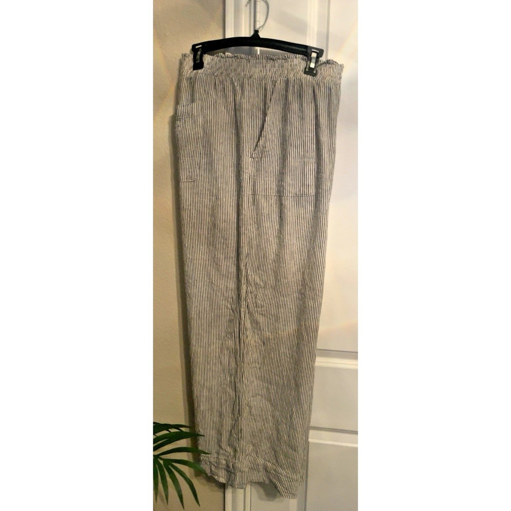 Striped Linen Blend Wide Leg Pull On Pants Women's XXL 20 Pockets - Picture 2 of 4